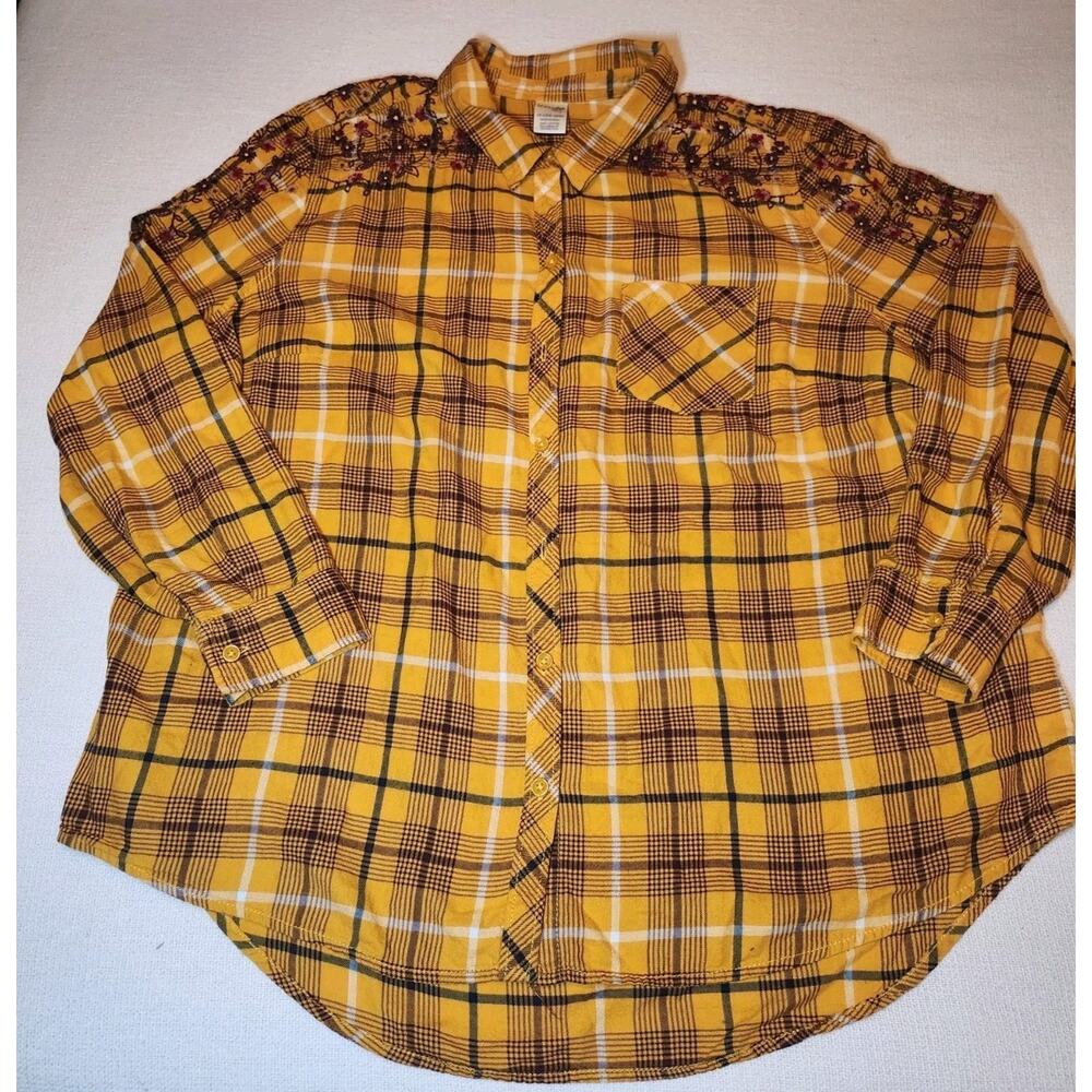 Terra & Sky Flannel Shirt Womens Sz 1X‎ Floral Embroidered Plaid Orange